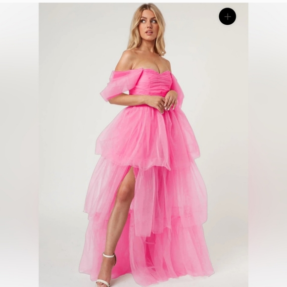 Lace & Beads off shoulder tulle maxi dress in bright pink - Picture 2 of 5